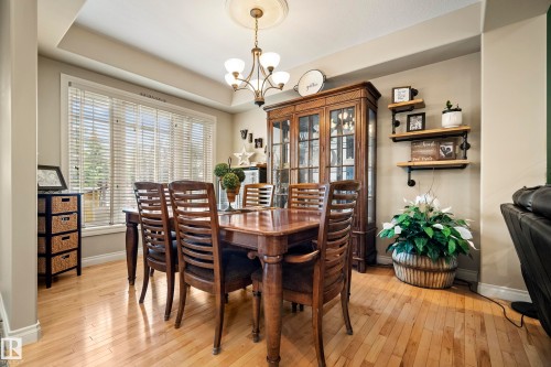 Dining area featuring wood-finish flooring, a large window with horizontal blinds, a decorative ceiling medallion, and a chandelier lighting fixture - 416 Sparling Crest Sw, Edmonton, AB - Indoor Photo Showing Dining Room