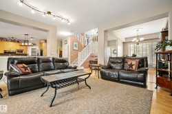 Spacious living area featuring track lighting, a neutral-toned carpet, and light wood-finish flooring - 