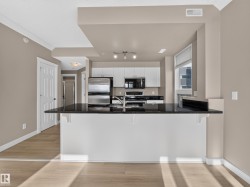 Kitchen island with black countertop, stainless steel appliances, white cabinetry, wood-finish flooring, and crown molding - 