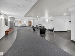 Contemporary common area featuring a carpeted walkway, large format tile flooring, wall sconces, and a built-in seating bench - 