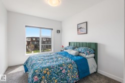 Bright bedroom featuring a large window, plush carpeting, and a flush-mount ceiling light - 