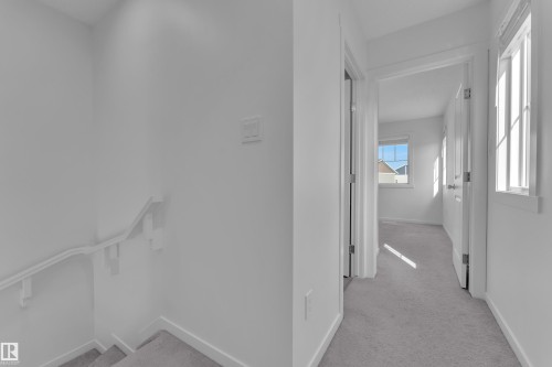 Hallway with light gray carpeting, white walls, and bright natural light from multiple windows - #64 17832 78 St Nw Nw, Edmonton, AB - Indoor Photo Showing Other Room