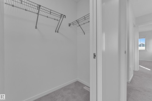 Recessed closet space with wire shelving, light gray carpeting, and white baseboards - #64 17832 78 St Nw Nw, Edmonton, AB - Indoor With Storage