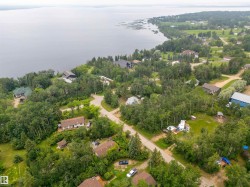 Aerial perspective showcasing a residential area bordered by a large body of water - 