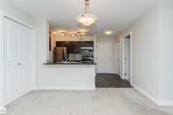 Contemporary kitchen featuring dark wood cabinetry, stainless steel appliances, black countertops, and a tiled backsplash - 
