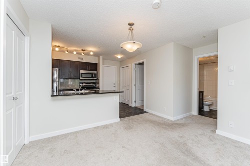 Open-concept living area featuring light-toned carpeting and neutral wall colors - #322 5816 Mullen Pl Nw, Edmonton, AB - Indoor Photo Showing Kitchen