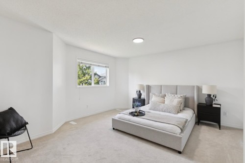 Carpeted room with a ceiling-mounted light fixture, white walls, and a large window - 64 Foxboro Link, Sherwood Park, AB - Indoor Photo Showing Bedroom