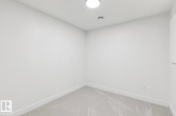 White-painted room featuring light gray carpeting, white baseboards, a ceiling-mounted light fixture, and a ceiling ventilation register - 