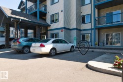 Apartment building exterior featuring light-colored siding with blue trim, covered entrance with stone-clad pillars, asphalt parking area, and ground-level patio with sliding glass door - 