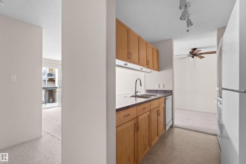 Functional kitchen featuring wood cabinetry, laminate countertops, a stainless steel sink, and a white dishwasher - #224 16303 95 St Nw, Edmonton, AB - Indoor Photo Showing Kitchen