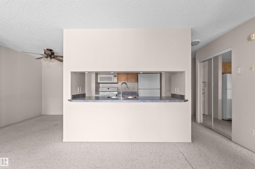 Kitchen pass-through with a stone-finish countertop - #224 16303 95 St Nw, Edmonton, AB - Indoor Photo Showing Kitchen