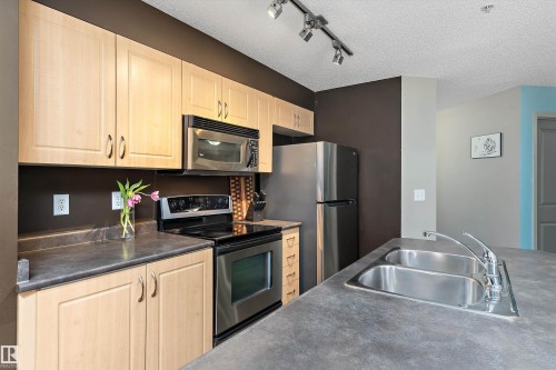#111 11445 Ellerslie Rd Sw, Edmonton, AB - Indoor Photo Showing Kitchen With Stainless Steel Kitchen With Double Sink