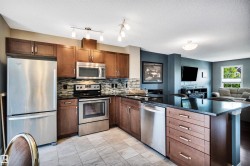 Kitchen featuring stainless steel appliances, dark wood cabinetry, black countertops, and a mosaic tile backsplash - 