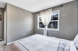 Bedroom featuring light gray walls, white trim, and a double-pane window with a black curtain rod - 