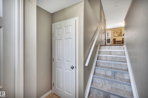 Staircase featuring tile treads with contrasting risers and a white handrail - 571 Orchards Boulevard Sw, Edmonton, AB - Indoor Photo Showing Other Room