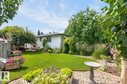 Expansive backyard featuring a manicured lawn, established perimeter fencing, mature trees, and landscaping beds with various plantings - 27 Milford Crescent, Sherwood Park, AB - Outdoor