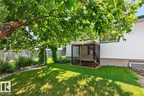 Expansive backyard featuring a lush lawn, mature shade tree, and a built-in gazebo with a swing - 27 Milford Crescent, Sherwood Park, AB - Outdoor