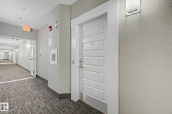 Corridor entrance featuring a panel door with contemporary hardware, light grey wall paint, and patterned carpet flooring - 