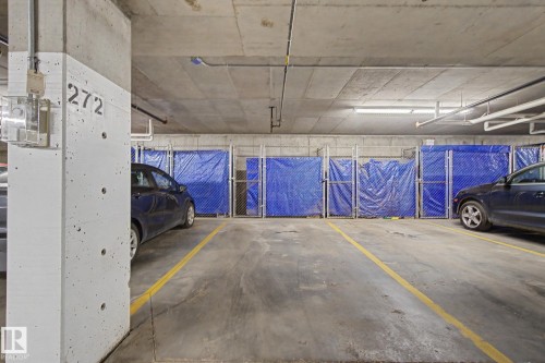 Designated parking space within a concrete subterranean garage, featuring overhead pipework and fluorescent lighting - #435 1008 Rosenthal Bv Nw, Edmonton, AB - Indoor Photo Showing Garage