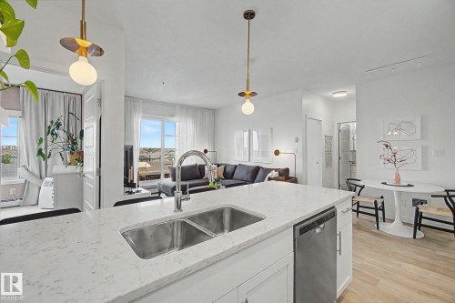 Modern kitchen island featuring a double stainless steel sink and integrated dishwasher - #435 1008 Rosenthal Bv Nw, Edmonton, AB - Indoor Photo Showing Kitchen With Double Sink