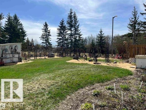 Spacious outdoor area featuring a grassy lawn, mature evergreen trees, a garden shed with artistic detailing, a gravel pathway, and a privacy fence - 210 55504 Nikoodi Road, Rural Lac Ste. Anne County, AB - Outdoor