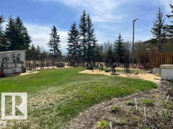 Spacious outdoor area featuring a grassy lawn, mature evergreen trees, a garden shed with artistic detailing, a gravel pathway, and a privacy fence - 