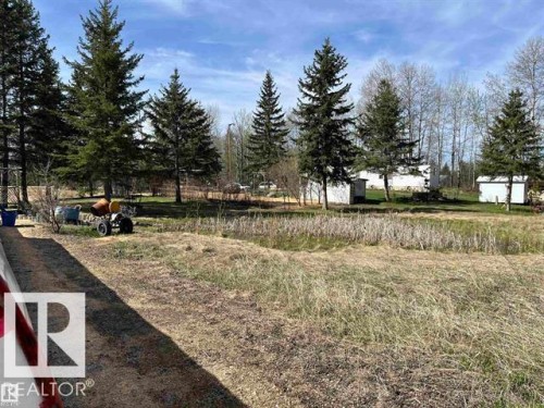 Expansive outdoor space featuring a mixture of mature evergreen and deciduous trees, a substantial grassy area, and two white storage structures - 210 55504 Nikoodi Road, Rural Lac Ste. Anne County, AB - Outdoor