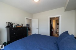 Spacious bedroom featuring a blue upholstered bed, black dresser with multiple drawers, ceiling-mounted light fixture, and direct access to multiple closets and adjoining rooms through white-trimmed doorways - 