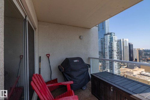 Private outdoor balcony space with a sliding glass door entry - #2402 10410 102 Av Nw, Edmonton, AB - Outdoor With Balcony With Exterior