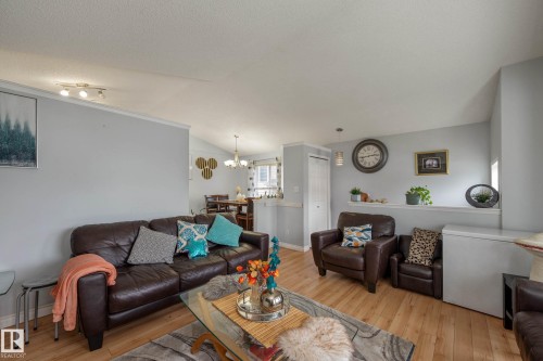 Light wood-finish flooring extending through an open-concept living area - 9113 166 Avenue Nw, Edmonton, AB - Indoor Photo Showing Living Room