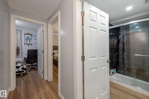 Hallway featuring wood-finish flooring, light gray wall paint, and white trim - 9113 166 Avenue Nw, Edmonton, AB - Indoor