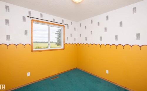 Room featuring a window with natural wood trim, patterned wall finishes, and teal carpeting - 5116 51 Avenue, Pickardville, AB - Indoor Photo Showing Other Room