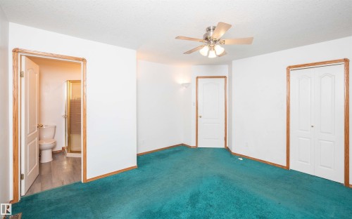 Carpeted room with a ceiling fan, white walls, and wood-finish trim - 5116 51 Avenue, Pickardville, AB - Indoor Photo Showing Other Room