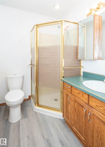 Bathroom featuring a corner shower with a gold-toned frame and frosted glass, a white toilet, a wood-finish vanity with a single sink and green countertop, and light wood-finish flooring - 5116 51 Avenue, Pickardville, AB - Indoor Photo Showing Bathroom
