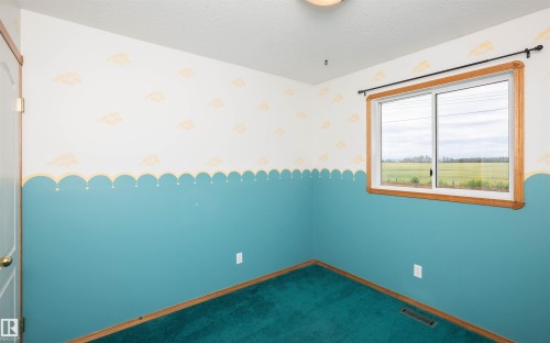 Room featuring a sliding window with a wood-finish frame, teal wall paneling, white walls with a decorative border, and teal carpeting - 5116 51 Avenue, Pickardville, AB - Indoor Photo Showing Other Room