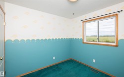Room featuring a sliding window with a wood-finish frame, teal wall paneling, white walls with a decorative border, and teal carpeting - 