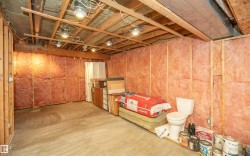 Unfinished basement space with exposed wooden joists and insulation - 