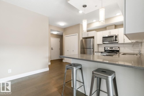 Kitchen With Bar-Style Counter To Use For A Quick Snack. - #203 10006 83 Av Nw, Edmonton, AB - Indoor Photo Showing Kitchen With Stainless Steel Kitchen With Upgraded Kitchen