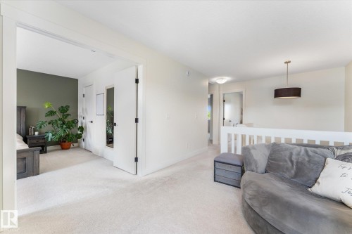 Carpeted upper-level landing featuring a white railing system, a contemporary drum pendant light fixture, and an open doorway leading to a room with a green accent wall - 6875 Evans Wynd Nw, Edmonton, AB - Indoor