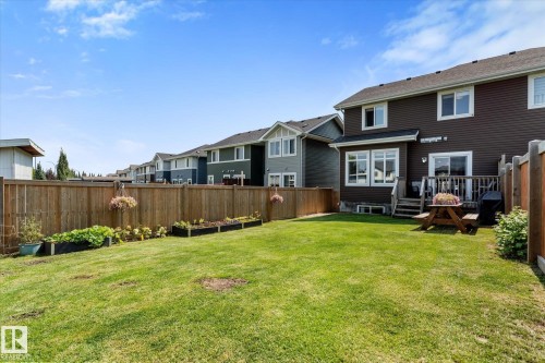 Expansive rear lawn featuring a wood privacy fence, raised garden beds, and a wood deck with stairs leading to the yard - 6875 Evans Wynd Nw, Edmonton, AB - Outdoor