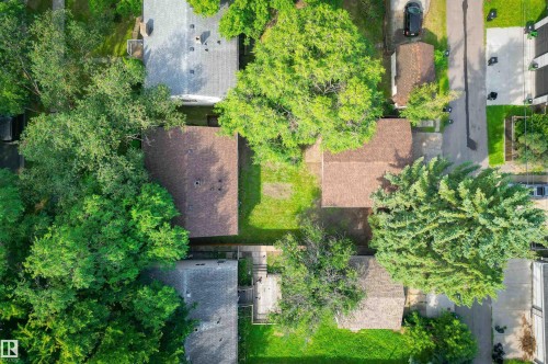 Aerial view showcasing mature landscaping with established trees, brick and stone hardscaping, manicured lawn areas, and multiple structures on the property - 7754 80 Avenue Nw, Edmonton, AB - Outdoor