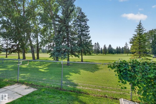 Expansive green space featuring a golf course backdrop, mature trees, and a chain link fence - 120 Ironwood Place Nw, Edmonton, AB - Outdoor With View