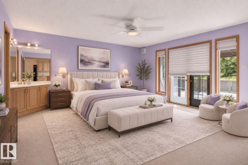 Bedroom featuring a ceiling fan with integrated lighting, built-in vanity with dual sinks, warm wood cabinetry, and a full-light glass door opening to the exterior - 120 Ironwood Place Nw, Edmonton, AB - Indoor Photo Showing Bedroom