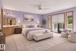 Bedroom featuring a ceiling fan with integrated lighting, built-in vanity with dual sinks, warm wood cabinetry, and a full-light glass door opening to the exterior - 