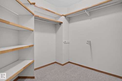 Spacious closet featuring built-in shelving, hanging rods, and a neutral carpet floor - 120 Ironwood Place Nw, Edmonton, AB - Indoor With Storage