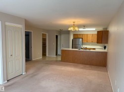 Open-concept living space featuring light-toned carpet flooring and neutral wall paint - 