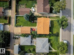 Aerial view of a residential street featuring multiple properties with pitched roofs, green lawns, and mature trees - 