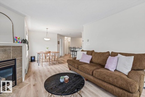 #206 9938 104 St Nw, Edmonton, AB - Indoor Photo Showing Living Room With Fireplace