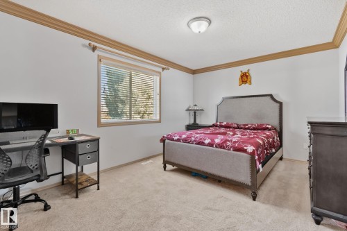 Neutral-toned carpeting spans the room, complemented by white walls and crown molding - 2819 33 Street Nw, Edmonton, AB - Indoor Photo Showing Bedroom