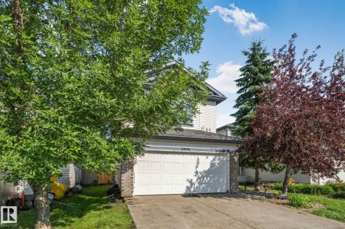 Light-colored siding exterior featuring a white garage door, concrete driveway, and mature landscaping with varied foliage - 2819 33 Street Nw, Edmonton, AB - Outdoor
